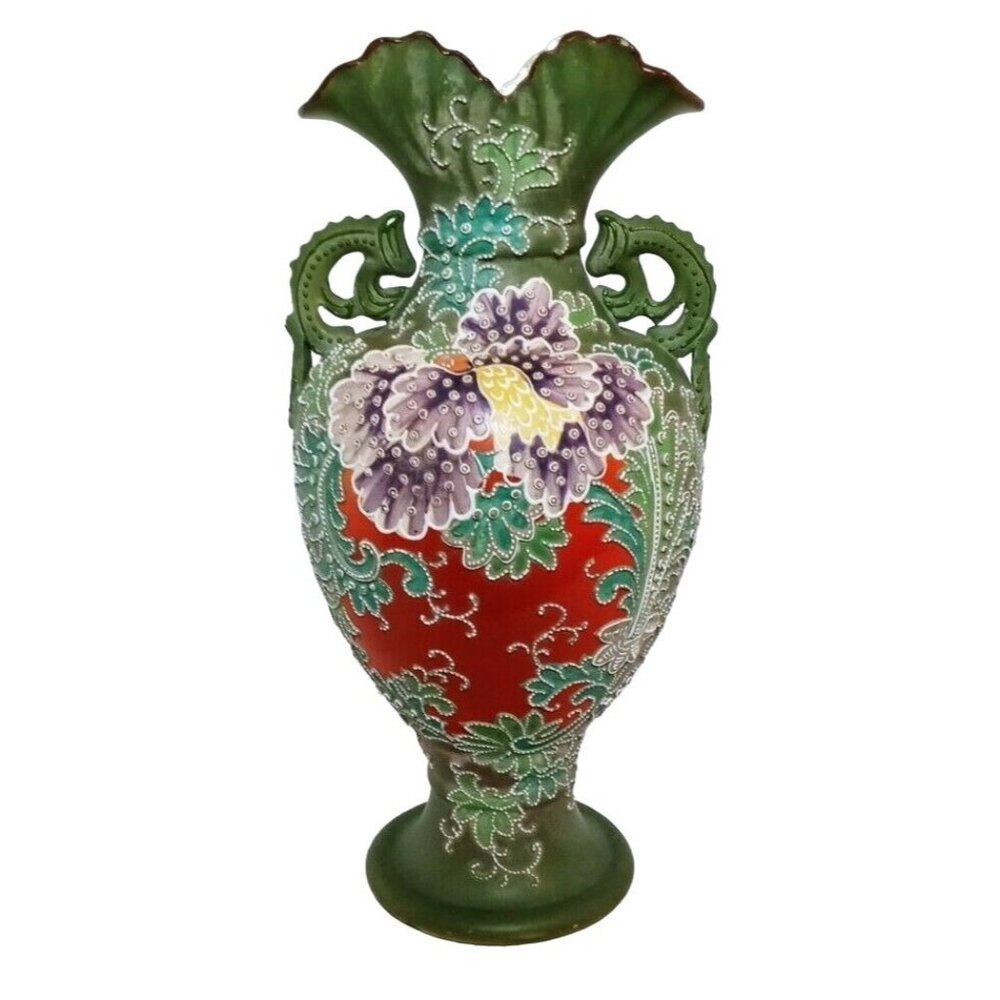 NEEDS SIZE   Japanese Nippon Raised Moriage Vase With Lizard Handles Floral Desi
